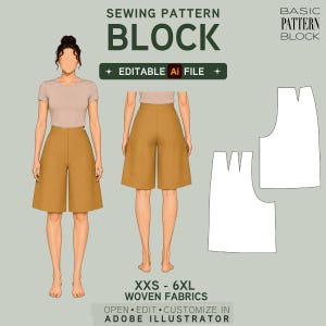 Peut inclure: Un patron de couture numérique pour tissus tissés en tailles XXS à 6XL, incluant un fichier Adobe Illustrator modifiable. L'image montre une silhouette portant un t-shirt beige et une jupe-culotte moutarde, avec des patrons à plat blancs.