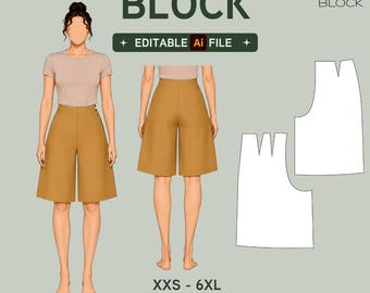 EDITABLE PDF | Jupe Culottes Sewing Pattern Block | High Waist Palazzo Pants | Wide Leg | XS-6XL