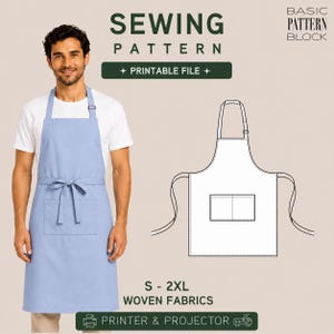 May include: A light blue apron with a front pocket and waist ties, accompanied by a technical line drawing of the same apron design. Text includes SEWING PATTERN, BASIC PATTERN BLOCK, PRINTABLE FILE, S - 2XL WOVEN FABRICS, and PRINTER & PROJECTOR.
