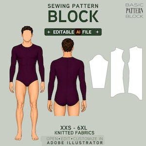 May include: A digital sewing pattern block for knitted fabrics, featuring a front and back view of a long-sleeved bodysuit in a deep purple color. The image includes pattern pieces and text that reads "SEWING PATTERN BLOCK" and "EDITABLE AI FILE". Sizes range from XXS to 6XL.