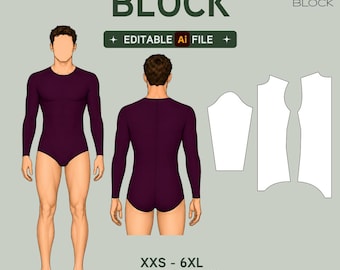 EDITABLE PDF | Men's Leotard Sewing Pattern Block | Bodysuit | Dance Performance | Knit Fabric | XXS-6XL