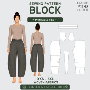 May include: A sewing pattern block graphic with the text "BLOCK" and "PRINTABLE FILE". The image shows a front and back view of a person wearing a long-sleeve top and wide-leg pants. The pattern includes sizes XXS-6XL for woven fabrics.