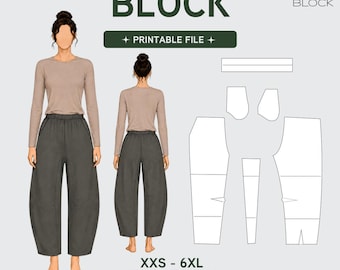 PDF | Barrel Pants Sewing Pattern Block | With Gusset & Pockets | Baggy Trousers | XXS-6XL