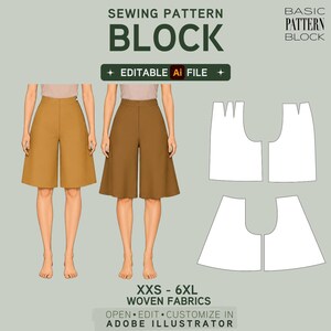 EDITABLE | Jupe Culottes Sewing Pattern Block Bundle | Straight & Flared | High Waist | XS-6XL