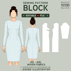 Pode incluir: Um molde de costura digital para um vestido de manga comprida, com vistas frontal e traseira de uma figura num vestido azul claro, ao lado de peças de molde brancas. O texto inclui SEWING PATTERN BLOCK, EDITABLE Ai FILE e XS-6XL WOVEN FABRICS.