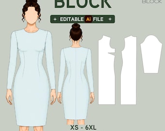 EDITABLE PDF | Women's Dress Sewing Pattern Block | Without Waist Seam | 4 Sleeve Lengths | XS-6XL