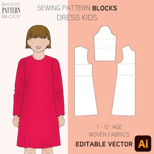 Pode incluir: Ilustração de um vestido vermelho para crianças, com padrões de costura. A imagem inclui o texto "BASIC PATTERN BLOCK", "SEWING PATTERN BLOCKS DRESS KIDS", "1-12 AGE WOVEN FABRICS EDITABLE VECTOR".