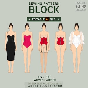 May include: Digital sewing pattern graphic featuring five female figures in lingerie and dress designs. Text includes "SEWING PATTERN BLOCK" and "EDITABLE AI FILE". Sizes XS-3XL for woven fabrics are displayed. Measurements are in cm.