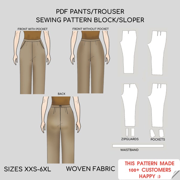 Basic Pants Block for Women | Sloper | Pdf Sewing Pattern | Basic Straight Trousers with Pocket | Pants Block Pattern | Sizes XS-6XL