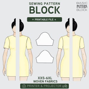 Könnte beinhalten: Ein digitales Schnittmuster für Webstoffe in den Größen XXS-6XL. Die Grafik zeigt zwei Illustrationen einer Figur in einem gelben Kleid, zwei Ärmelschnittformen sowie den Text SEWING PATTERN BLOCK, PRINTABLE FILE und PRINTER & PROJECTOR.