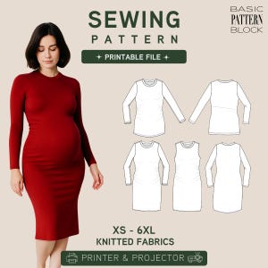 Può includere: Un cartamodello per un abito a maniche lunghe, con una persona che indossa un abito rosso a coste e disegni tecnici al tratto del capo. Il testo include SEWING PATTERN, BASIC PATTERN BLOCK, PRINTABLE FILE, XS - 6XL KNITTED FABRICS, PRINTER & PROJECTOR.