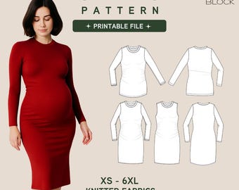 Maternity Knit Dress Sewing Pattern (PDF Download) XS-6XL, Includes Alterations