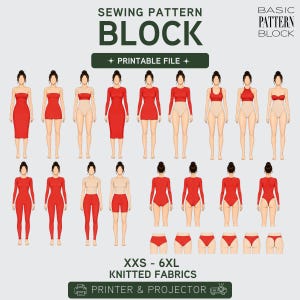Peut inclure: Un patron de couture numérique pour tissus tricotés en tailles XXS à 6XL, présentant des illustrations de divers styles de vêtements rouges sur des silhouettes, incluant robes, hauts, bodys et leggings, avec texte pour imprimante et projecteur.