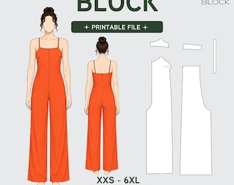 PDF | Cami Jumpsuit Sewing Pattern Block | Spaghetti Straps | Wide Leg Pants | XXS-6XL