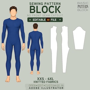 May include: A digital sewing pattern block for a no front seam catsuit, featuring a blue catsuit on a figure from front and back views, white pattern templates, and text including SEWING PATTERN BLOCK, NO FRONT SEAM CATSUIT, EDITABLE Ai FILE, and XXS-6XL KNITTED FABRICS.
