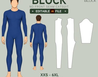 EDITABLE PDF | Men's Catsuit Sewing Pattern Block | Seamless Front Bodysuit | Unitard | XXS-6XL