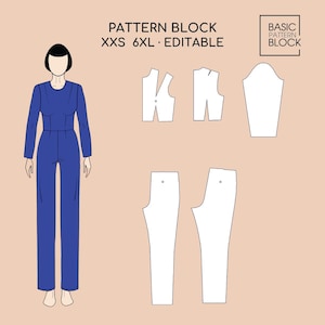 Jumpsuit pdf sewing pattern block w/ long sleeves, Printable Pdf Sewing Pattern | Overall Sewing Pattern | Sizes XXS-6XL