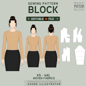 May include: A digital sewing pattern block for woven fabrics in sizes XS to 6XL. The graphic displays a tan long-sleeve top and black skirt on three figures, alongside white pattern pieces for the bodice and sleeve, labeled as an editable Ai file.