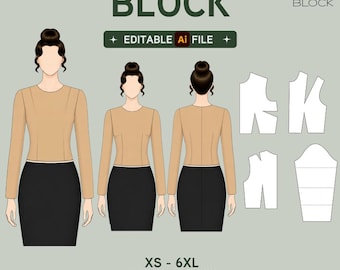EDITABLE PDF | Basic Women's Bodice Sewing Pattern Block | Dart Variations | Woven Fabric | XS-6XL