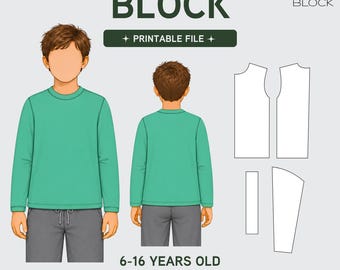 PDF | Boys Sweater T-Shirt Sewing Pattern Block | Long Sleeve Round Neck | Boys | Ages 6-16