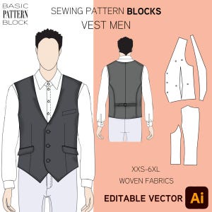 Men's Waistcoat Sewing Pattern Block • Front Button Vest (PDF Download) • Sizes XXS-6XL