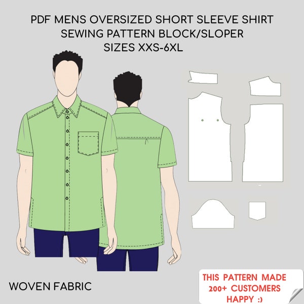 Übergroßes Herrenhemd mit Knöpfen | Printable Pdf Schnittmuster Sloper/Block | Größen (Regular & Plus) XXS- 6XL | Webstoff