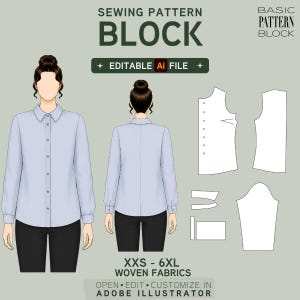Peut inclure: Un patron de couture numérique pour chemise à manches longues, montrant des vues avant et arrière sur un mannequin, avec des pièces de patron à plat. Le texte indique SEWING PATTERN BLOCK, EDITABLE Ai FILE et XXS - 6XL.