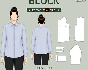 EDITABLE PDF | Women's Shirt Sewing Pattern Block | Long Sleeve Collar | Woven Fabric | XXS-6XL