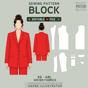 May include: A digital sewing pattern block for woven fabrics, featuring a red suit design. The image includes front and back views of the suit, along with pattern pieces. Text includes "SEWING PATTERN BLOCK" and "XS - 6XL". The pattern is editable in Adobe Illustrator.
