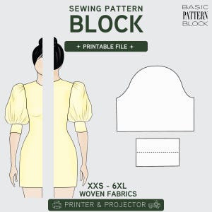 Può includere: Un cartamodello digitale per un abito con maniche a sbuffo, con il testo SEWING PATTERN BLOCK, PRINTABLE FILE e XXS - 6XL WOVEN FABRICS. Il grafico include un'illustrazione divisa di un abito giallo e dei pezzi del cartamodello della manica.