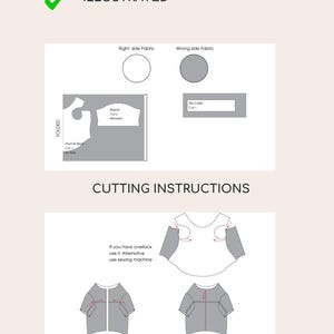 May include: A sewing pattern guide titled STEP BY STEP ILLUSTRATED, BASIC PATTERN BLOCK, CUTTING INSTRUCTIONS, and SEWING INSTRUCTIONS. It features diagrams for fabric cutting, sleeve placement, and garment assembly with text instructions.