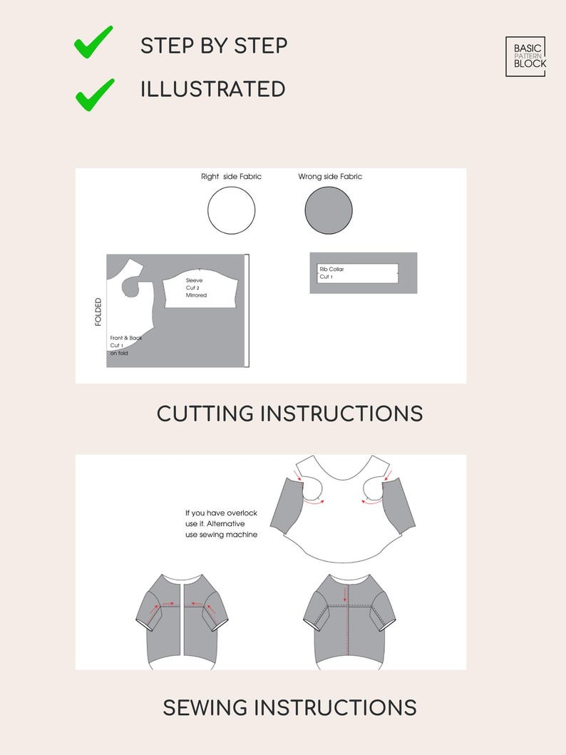 May include: A sewing pattern guide titled STEP BY STEP ILLUSTRATED, BASIC PATTERN BLOCK, CUTTING INSTRUCTIONS, and SEWING INSTRUCTIONS. It features diagrams for fabric cutting, sleeve placement, and garment assembly with text instructions.