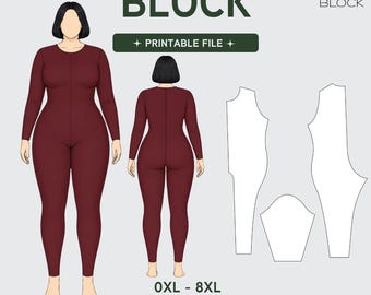 PDF | Plus Size Bodysuit Sewing Pattern Block | Catsuit Leotard | Knit Fabric | 0XL-8XL