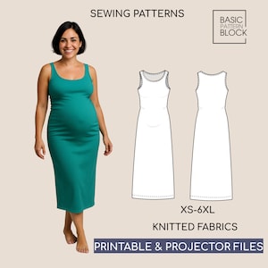 Può includere: Una donna indossa un abito midi verde acqua. L'immagine include un disegno a tratto dell'abito e il testo che dice "SEWING PATTERNS", "BASIC PATTERN BLOCK", "XS-6XL", "KNITTED FABRICS" e "PRINTABLE & PROJECTOR FILES".