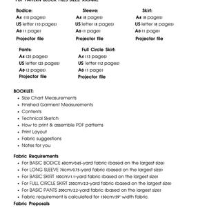 以下が含まれることがあります： コンテンツというタイトルの白黒の文書で、衣服用のPDFパターンブロックファイルのサイズに関する情報が記載されています。この文書には、ファイルのさまざまなサイズ、各サイズのページ数、ファイルの種類がリストされています。また、各パターンの生地の要件に関する情報も含まれています。