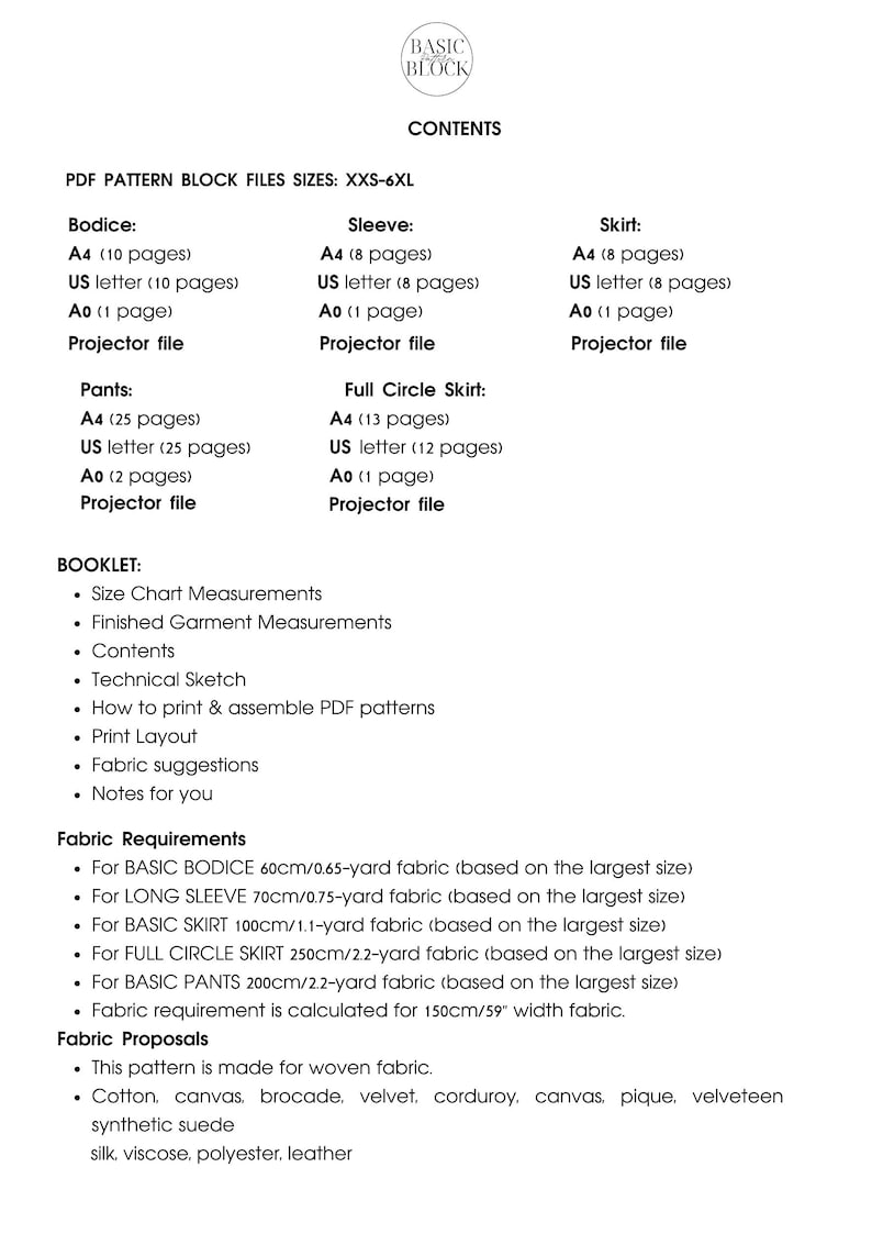 以下が含まれることがあります： コンテンツというタイトルの白黒の文書で、衣服用のPDFパターンブロックファイルのサイズに関する情報が記載されています。この文書には、ファイルのさまざまなサイズ、各サイズのページ数、ファイルの種類がリストされています。また、各パターンの生地の要件に関する情報も含まれています。