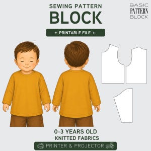 Puede incluir: Un patrón de costura digital para una camiseta de manga larga para niños, con ilustraciones de la vista frontal y trasera de un niño que lleva la camiseta. El patrón incluye el texto "SEWING PATTERN BLOCK" y "0-3 YEARS OLD KNITTED FABRICS".
