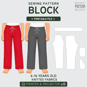 May include: A sewing pattern block for trousers for 6-16 years old, featuring a printable file for printer and projector. The image shows red and grey trousers with a drawstring waist and white technical pattern outlines for knitted fabrics.