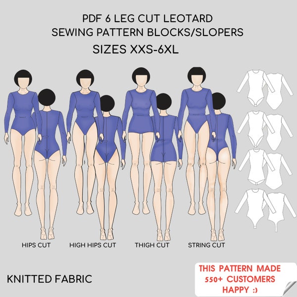 Bloque de patrón de costura de leotardo / 4 cortes de piernas / Body / Leotardo de gimnasia / Leotardo de ballet / Tallas XXS-6XL