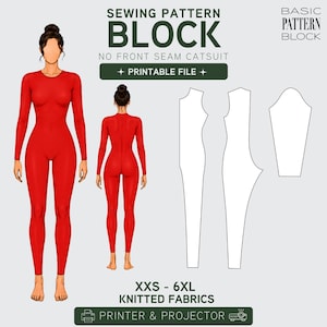 Puede incluir: Un catsuit rojo se muestra de frente y de espalda, junto con piezas de patrón. La imagen incluye el texto "SEWING PATTERN BLOCK" y "PRINTABLE FILE". El patrón es para tallas XXS-6XL y tejidos de punto.