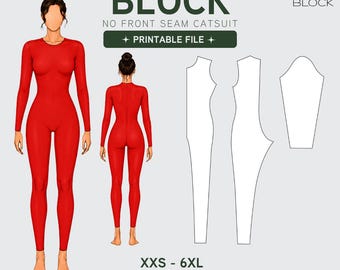 PDF Catsuit Sewing Pattern  Block • Seamless Front Bodysuit Sloper (PDF Download) • Sizes XXS-6XL