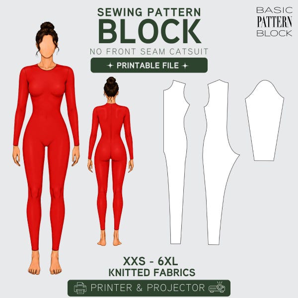 PDF Catsuit Sewing Pattern  Block • Seamless Front Bodysuit Sloper (PDF Download) • Sizes XXS-6XL