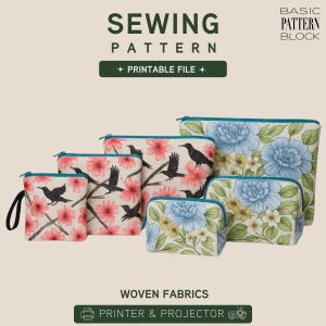 May include: A set of five zippered pouches in varying sizes, featuring two distinct floral and bird patterns. Three pouches display black birds on pink flowers, while two feature blue flowers and green leaves. All have teal zippers and wrist straps.