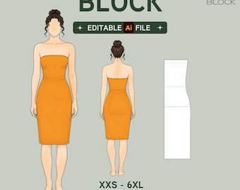 Strapless Tube Dress Sewing Pattern Block | Knit Fabric, XXS-6XL (Editable PDF)