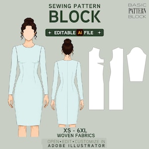 EDITABLE PDF | Women's Dress Sewing Pattern Block | Without Waist Seam | 4 Sleeve Lengths | XS-6XL