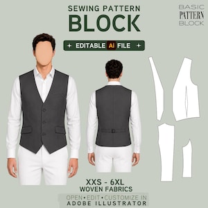 EDITABLE PDF | Men's Vest Sewing Pattern Block | Waistcoat | Front Button Closure | XXS-6XL