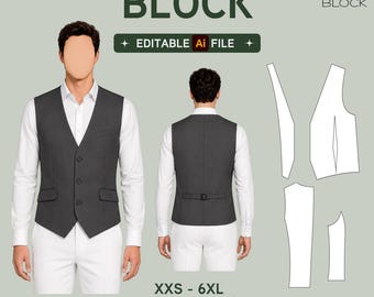 EDITABLE PDF | Men's Vest Sewing Pattern Block | Waistcoat | Front Button Closure | XXS-6XL