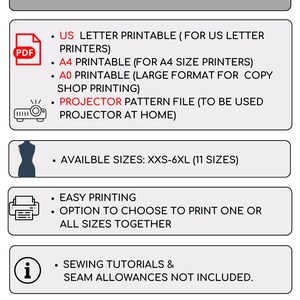 以下が含まれることがあります： 縫製パターンの情報がリストされたグラフィック。グラフィックには、PDF、プロジェクター、マネキン、プリンター、情報、縫製パターンのアイコンが含まれています。テキストには、「USレター印刷可能」、「A4印刷可能」、「AO印刷可能」、「プロジェクターパターンファイル」、「利用可能なサイズ：XXS-6XL（11サイズ）」、「簡単印刷」、「1つまたはすべてのサイズをまとめて印刷することを選択するオプション」、「縫製チュートリアルと縫い代は含まれていません」、「縫製パターンブロック/スロッパー/テンプレートは簡単に操作できます」が含まれています。