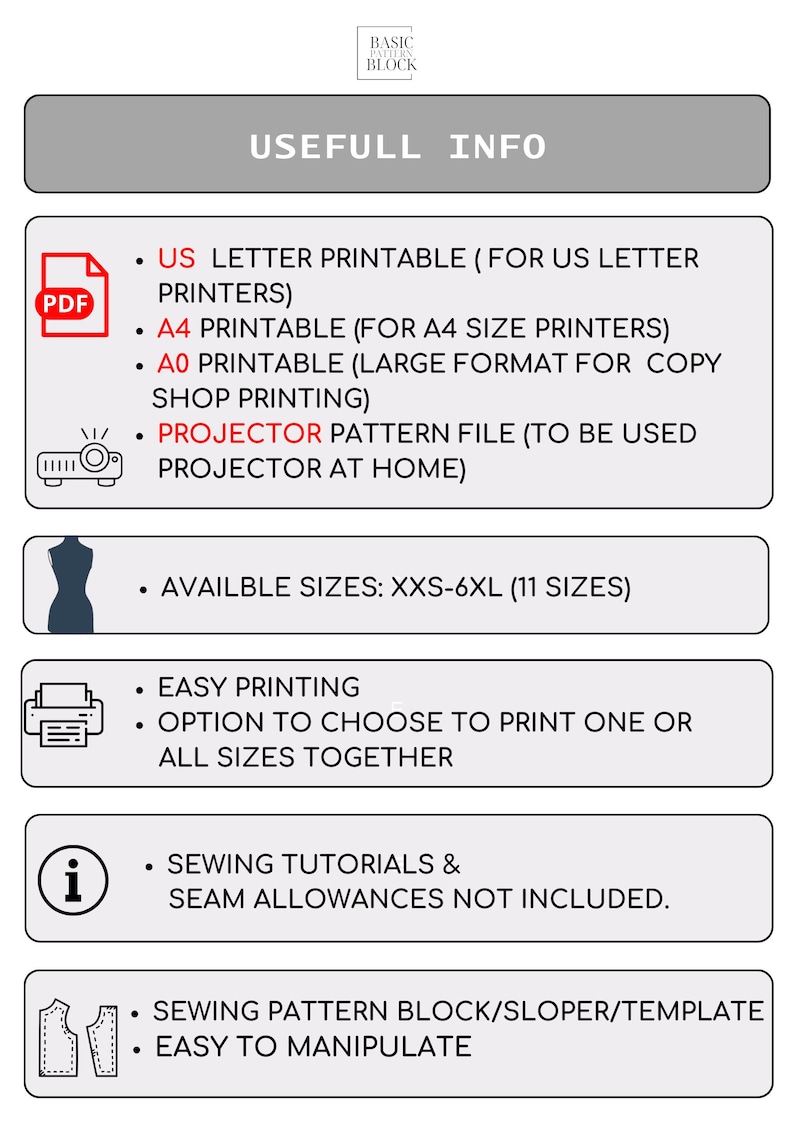 以下が含まれることがあります： 縫製パターンの情報がリストされたグラフィック。グラフィックには、PDF、プロジェクター、マネキン、プリンター、情報、縫製パターンのアイコンが含まれています。テキストには、「USレター印刷可能」、「A4印刷可能」、「AO印刷可能」、「プロジェクターパターンファイル」、「利用可能なサイズ：XXS-6XL（11サイズ）」、「簡単印刷」、「1つまたはすべてのサイズをまとめて印刷することを選択するオプション」、「縫製チュートリアルと縫い代は含まれていません」、「縫製パターンブロック/スロッパー/テンプレートは簡単に操作できます」が含まれています。