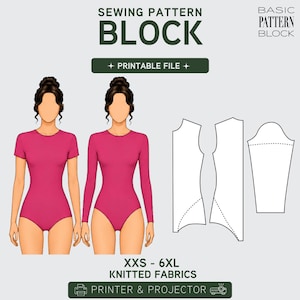 May include: A sewing pattern block graphic with the text "BLOCK" in large, bold letters. The image includes illustrations of a short-sleeved and long-sleeved bodysuit in a magenta color, along with pattern pieces. Text reads "XXS - 6XL KNITTED FABRICS".